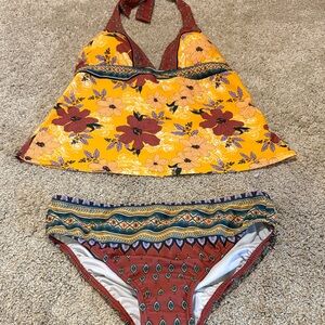 VENUS Yellow Floral Halter Tankini with Rust Patterned Bottoms